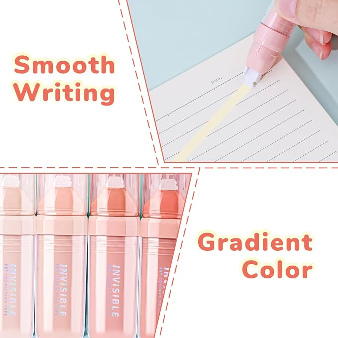 Temiary 4P Correction Tapes, Beige Core Smooth Pull Out for Writing, Pink | Smooth Pull Out Aesthetic Cream Correction Tape Gradient Set, Quick Dry Applicator for Students School Office Supplies