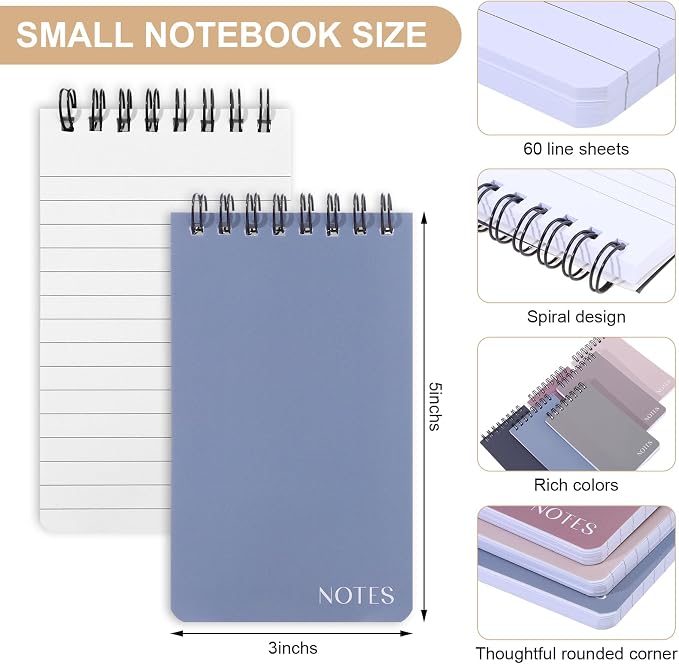 Thboxes 8 Pack Pocket Notebooks, 3 x 5 Spiral Notepads Mini Notebook 60 Sheets/120 Pages Small Notebooks with Lined Pages Memo Pads for School College Office