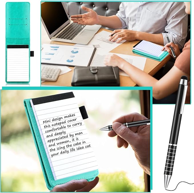 Outus 10 Pcs Mini Pocket Notepad Holder Set Included Small Leather Pocket Notebook Holder with 50 Lined Sheets, Metal Pen, 8 Pcs 3 x 5 Inch Memo Book Refills, 30 Lined Paper Per Note Pad (Bright Blue)