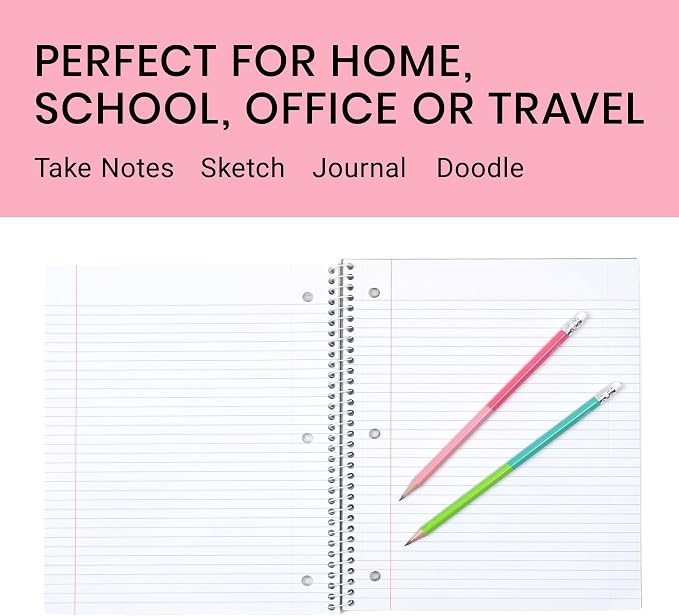 Yoobi College Ruled Spiral Notebook Set – 6-Pack of 2 Subject Notebooks, Pink, Gray & Marble Designs for Kids & Tweens – 150 Perforated 3-Hole Punched Sheets Each – 10.5” x 8”