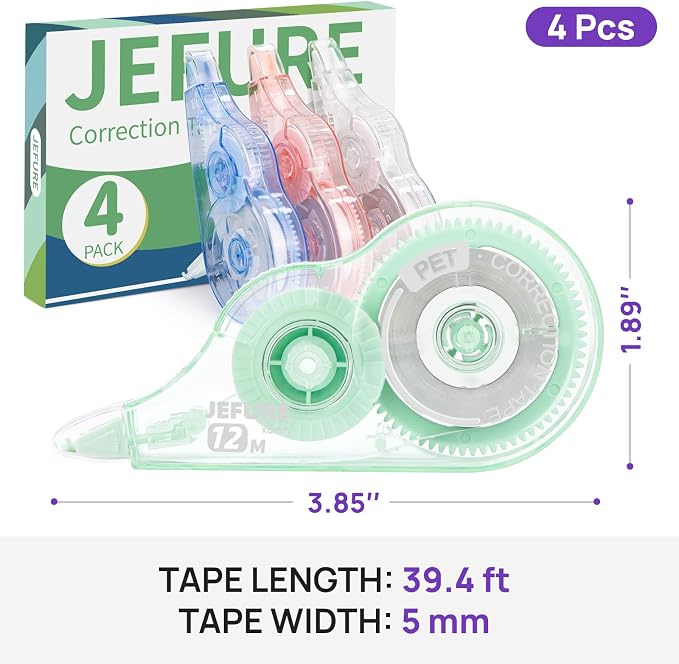 4 Pcs Colorful Core Correction Tape, 39.37 Ft White Wrong Out Tear-Resistant Bulk, Instant Corrections Easy to Use Applicator for School, Office, Note Taking, Journal (Tape Width 0.2 in)