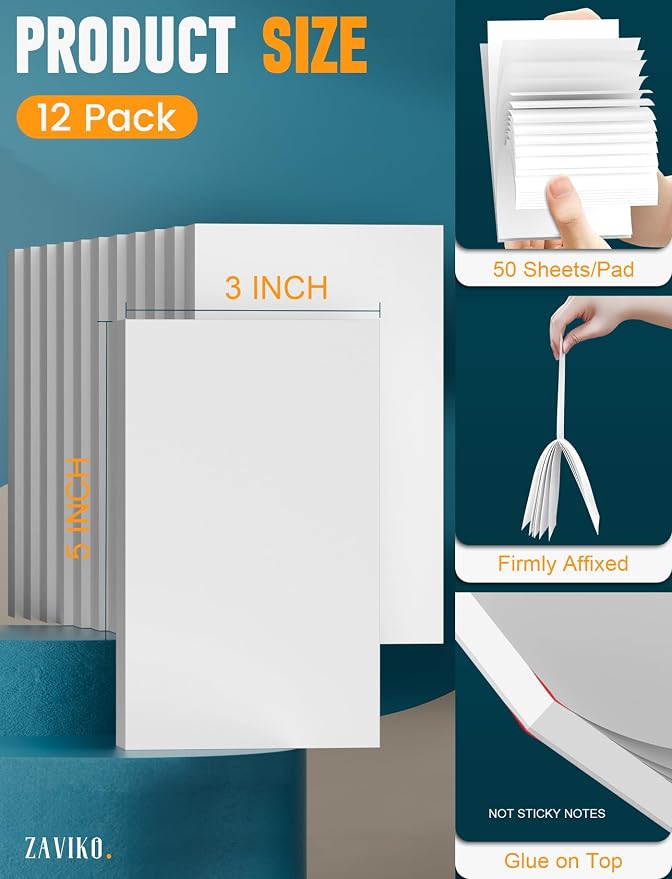 12 Pack Mini Note Pads 3x5 Inch, Scratch Pads for Writing, 50 Sheets Per Small Notepads, Tear Off Blank Notepads 3x5, Unlined Memo Pad of Paper, Server Note Pads Suitable for To Do Grocery List