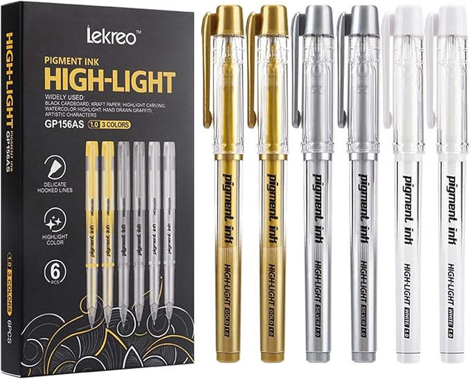 Gold Silver White Ink Gel Pens, 1mm Medium Fine Point, Opaque archival Ink Pen for Dark Paper Drawing,Sketching, Illustration, Card Making, Bullet Journaling (Assorted Color - 6 Packs)