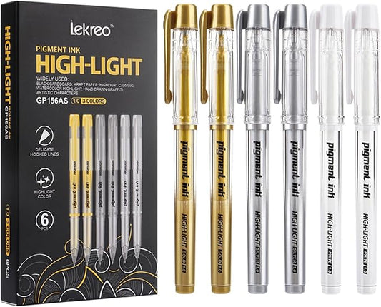Gold Silver White Ink Gel Pens, 1mm Medium Fine Point, Opaque archival Ink Pen for Dark Paper Drawing,Sketching, Illustration, Card Making, Bullet Journaling (Assorted Color - 6 Packs)