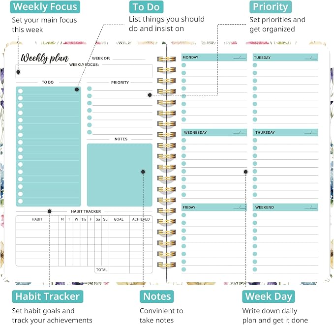 Taja Undated Weekly Planner, Weekly To Do List Notebook with Goal & Habit Tracker Organizer, A5 Weekly Planner Notebook with Spiral Binding, 6.1" x 8.2" - Floral