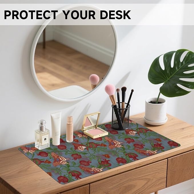 Botanical Floral Desk Pad Blotter,Large Mouse Pad 35 x 17in,PU Leather Desk Mat Writing Pad Protector, Non-Slip Waterprrof,Desktop Decor for Home Office Women Girls (Pomegranate Flower Butterfly)