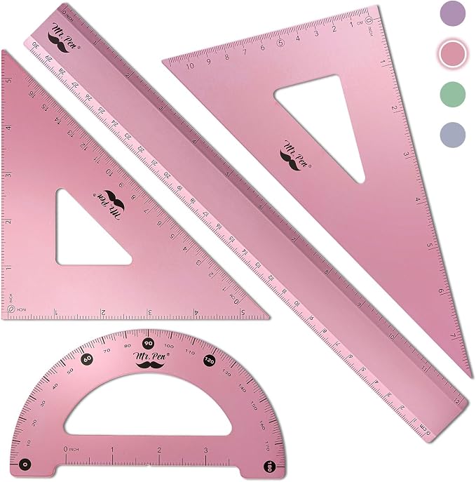 Mr. Pen- Metal Geometry Kit, 4 Pack, 45° & 30°/60° Set Squares | 6" Protractor & 12" Ruler, Durable Metal Drafting Tools for Technical Drawing, Math, Engineering & Architecture