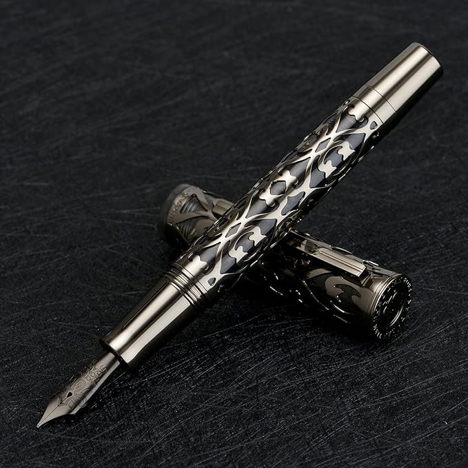 HONG DIAN D1 Piston Fountain Pen Fine Soft Nib, Jet Black Hollow Skeleton & Resin Pen with Metal Case Set