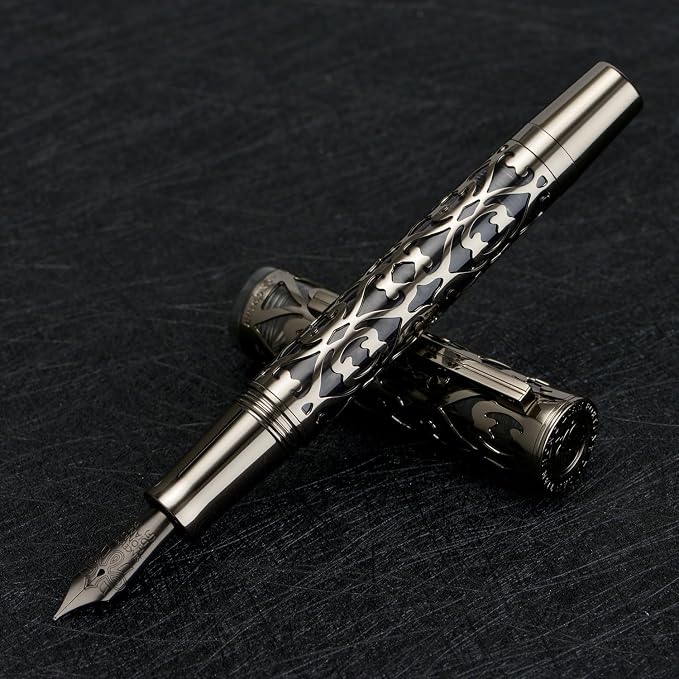 HONG DIAN D1 Piston Fountain Pen Extra Fine Soft Nib, Jet Black Hollow Skeleton & Resin Pen with Metal Case Set