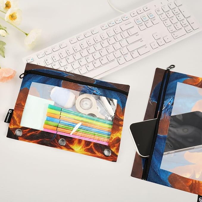 Gredecor 3 Ring Binder Pencil Pouch, Blue Dragon Glowing Eyes Zippered Pen Case Pouches with Clear Window, 2 Pack Stylish Office & School Supplie