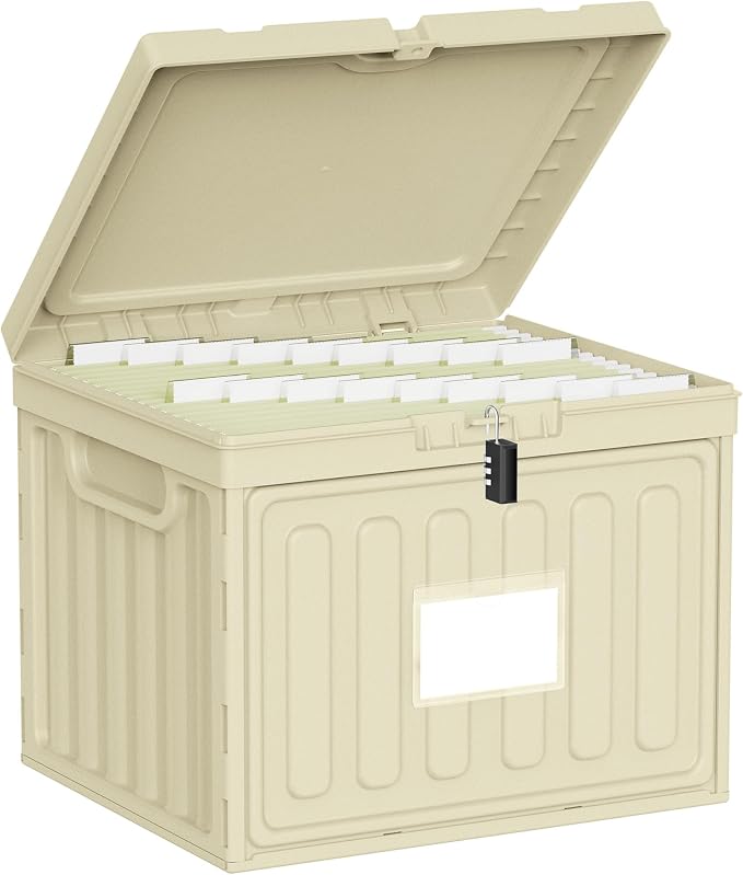 Oterri Lockable Plastic File Box with Lid – Hanging File Folder Organizer for Letter Size Documents, Stackable Storage for Home Office, School, and Desk (Khaki, Large-1 Pack Without Folders)