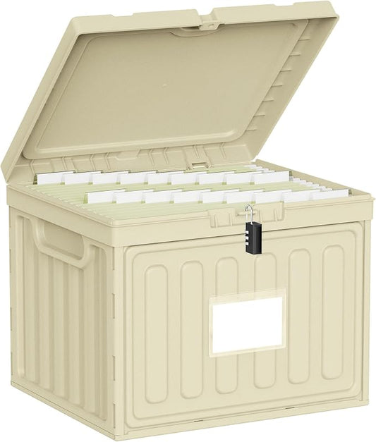 Oterri Lockable Plastic File Box with Lid – Hanging File Folder Organizer for Letter Size Documents, Stackable Storage for Home Office, School, and Desk (Khaki, Large-1 Pack Without Folders)