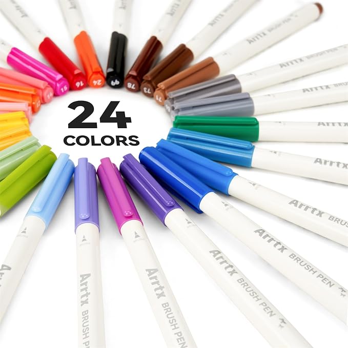 Arrtx Brush Tip Marker Pens, 24 Colors Brush Pens with Flexible Tip, Water Based Assorted Colors for Adult Hand Lettering Journaling Calligraphy Drawing Writing
