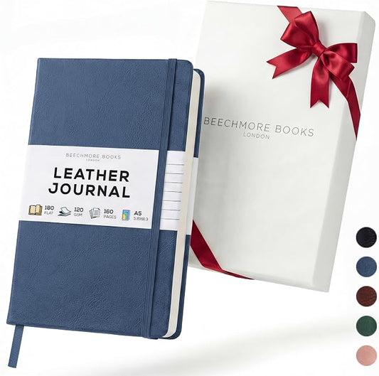 BEECHMORE BOOKS Premium Lined Leather Journal for Men & Women, 5" x 8" (A5) Thick 120gsm Ivory Cream Paper Notebook, Hardcover Vegan Leather Personal Diary, With Gift Box (Symphony Blue)
