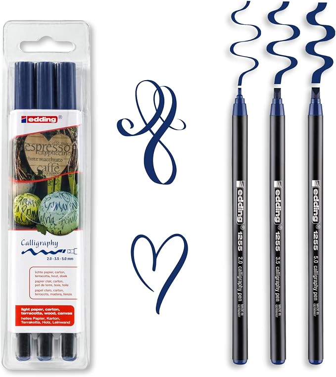 edding 1255 calligraphy pen - steelblue - 3 pens - calligraphy nib 2-5 mm - fibre pens for paper, wood, terracotta, canvas - hand lettering, bullet journals, thank you cards, calligraphy books
