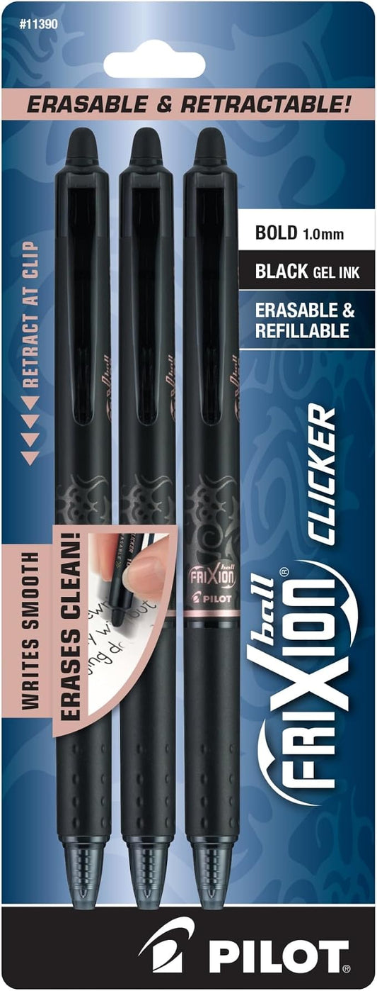Pilot® FriXion® Ball Clicker Erasable Retractable Gel Pens, Pack of 3, Bold Point, 1.0 mm, Black Barrels, Black Ink