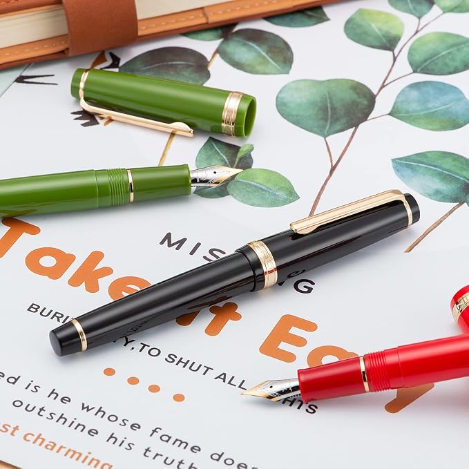 Jinhao 82 Avocado Green Acrylic Fountain Pen, Iridium Fine Nib Classic Design Smooth Writing Pen with Ink Converter (Gold Trim)