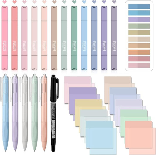 Jutom 38 Pcs Book Annotation Kit for Bible Journaling Study, Aesthetic Highlighters Pens, Index Tabs, Sticky Notes, Markers for Annotating Books Bible Page Tabs Supplies(Classic Color,Square)
