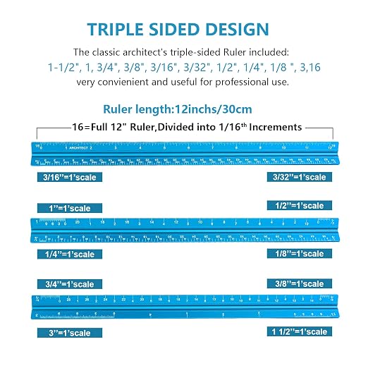 Architectural Scale Ruler, Imperial Measurements 12'', Laser-Etched Aluminum Architect Triangular Ruler for Architects, Students, Draftsman, and Engineers(Blue)