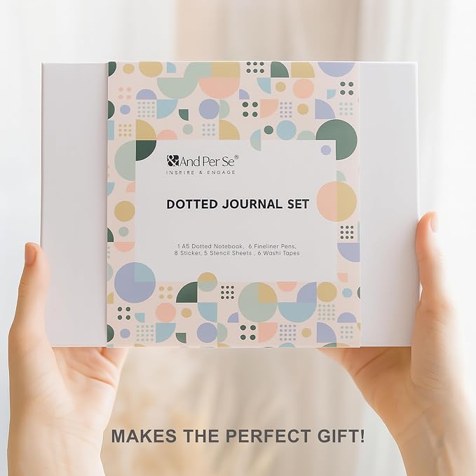 &And Per Se Dotted Journal Kit, A5 Hardcover Dot Grid Journal Notebook Set for Beginners with Journaling Supplies Stencils, Stickers, Washi Tapes & Colored Pens Accessories (Pink)