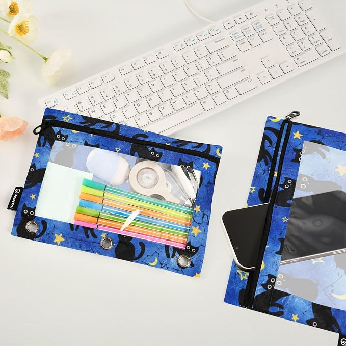 Cat Pencil Pouches for 3 Ring Binder 2 Pack | Binder Pencil Case With Zipper Reinforced GrommetsPencil Bags for Office Organizers