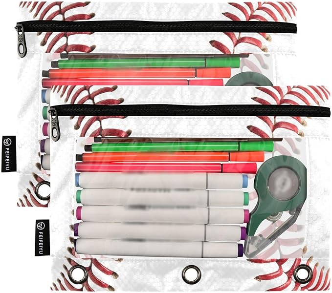 Baseball Pencil Pouches for 3 Ring Binder, Zipper Binder Pencil Case, 2 Pack Clear Window Case Bag for Office Organizers