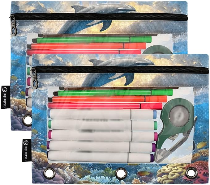 Funny Leaping Dolphins Nautical Ocean Coastal Pencil Pouch for 3 Ring Binder 2 Pack Zipper Binder Pencil Bag with Clear Window Pencil Case for Office Supplies