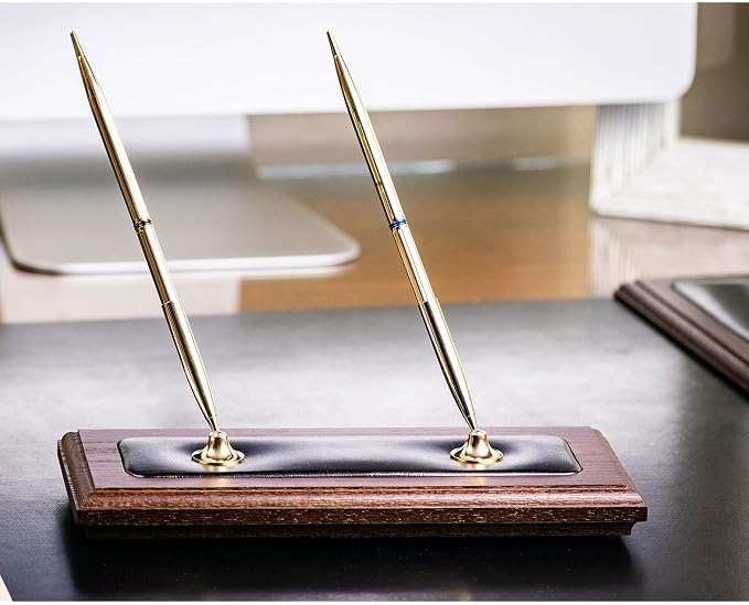 Dacasso Luxury Walnut & Black Leather Double Pen Stand with Rolling Ball Pen - Executive Desk Decor and Elegant Organizer