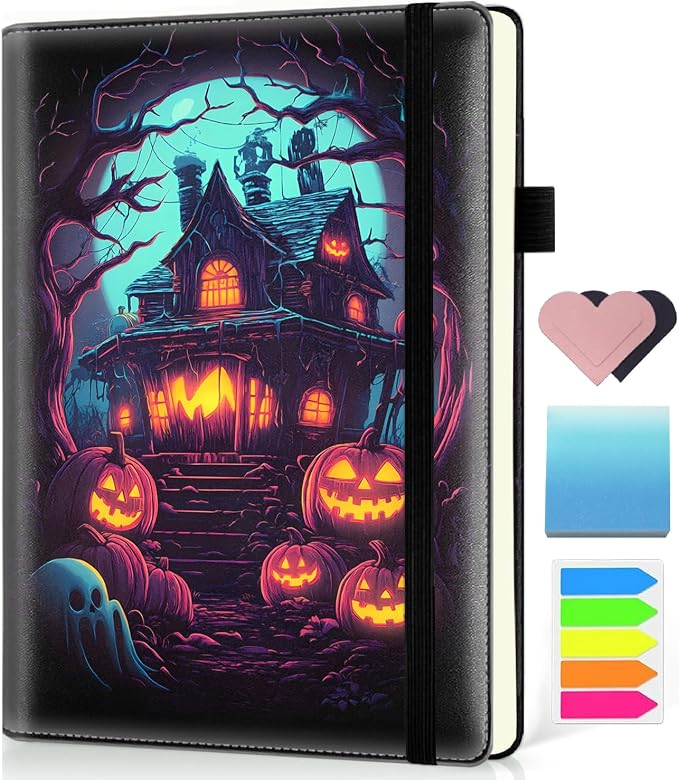 Hardcover Executive Notebooks, A5 PU Leather Lined Journal Notebook, 200 Pages Thick Paper Subject Notebooks for School,Work,Home Writing Business Notebook, Diary Book ，Halloween Pumpkin Cabin