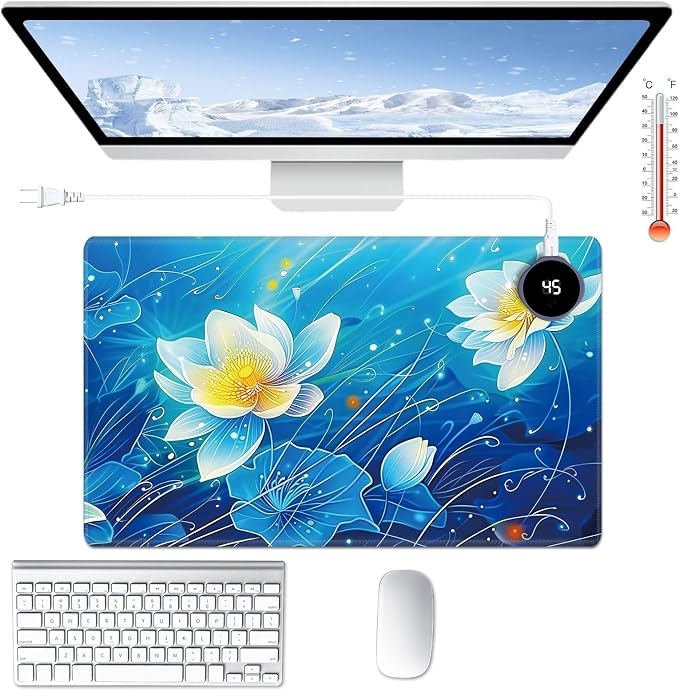 Heated Desk Pad Large Mouse Pad 23.6 x 14.1 inch with 3 Levels Heating & Auto Shut-Off Warm Mouse pad PU Leather Computer Mousepad for Home Office Work - Blue Lotus Flowers