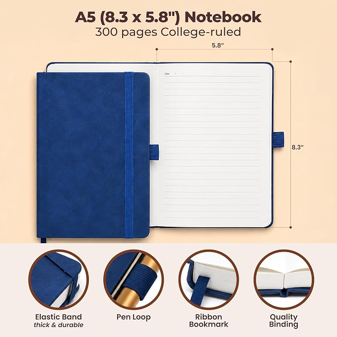 A5 Lined Leather Bound Writing Journal Blue Notebook 300 Pages 5.8x8.3" | Leather bound journal for men, journals for writing, mens notebook. Thick lined pages for work and daily journaling.
