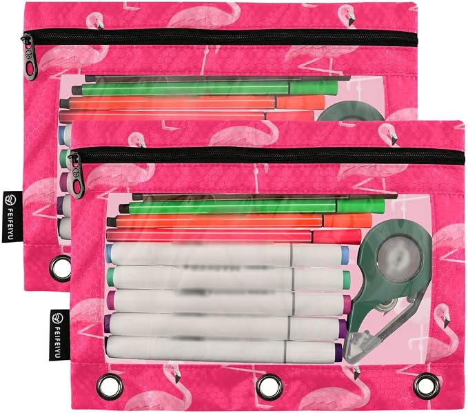 Flamingo on Pink Pencil Pouch Fits standard 3-ring binders, Zipper Binder Pencil Bag with Clear Window for Office 2 Pack