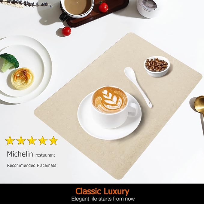 Beige Plastic Placemats Set of 4, Faux Leather Waterproof Table Mats | Beige Vinyl placemats,Wipeable and heat resistant table mats.Easy to clean,great for indoor and outdoor