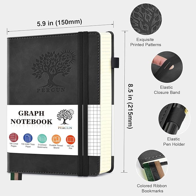 PERCUN A5 Graph Paper Notebook, Leather Journal, 160 Pages Grid Notebook | 5.9"x8.5" hardcover journal with quad ruled paper for work, school, writing, notes, journaling and daily planning.