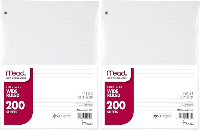 Mead Loose Leaf Paper,Wide Ruled Filler Notebook Paper,8" x 10-1/2",200 Sheets,Fits 3-Ring Binder (15200),(Pack of 2)