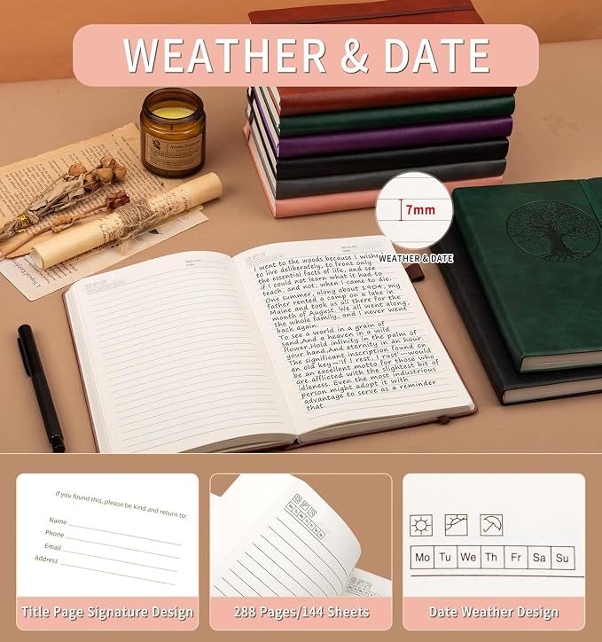 Lined Journal Notebook, A5 Leather Vintage Journals for Writing, 288 Pages College Ruled Notepad for Women Men, Vegan Leather Daily Notebook for Work, School, Travel, Note Taking(Tree of Life, Pink)