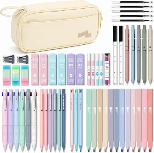 Four Candies 56 PCS Aesthetic School Supplies with Pencil Case (Cream) | 6 Multicolor Pens, 12 Pastel Highlighters, 5 Black Gel Pens, 9 Mechanical Pencils, Student Stationery Set College Essentials