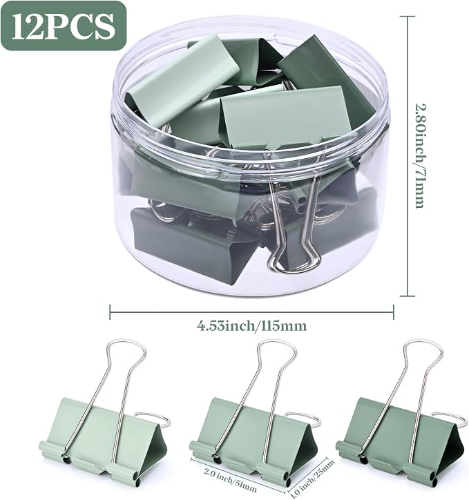 Temiary Aesthetic Binder Clips, Large Metal Binder Clip with Clear Storage Container, Binding Paperwork Clamps for School Teachers Office Supplies (Green 2 Inch, 12P)