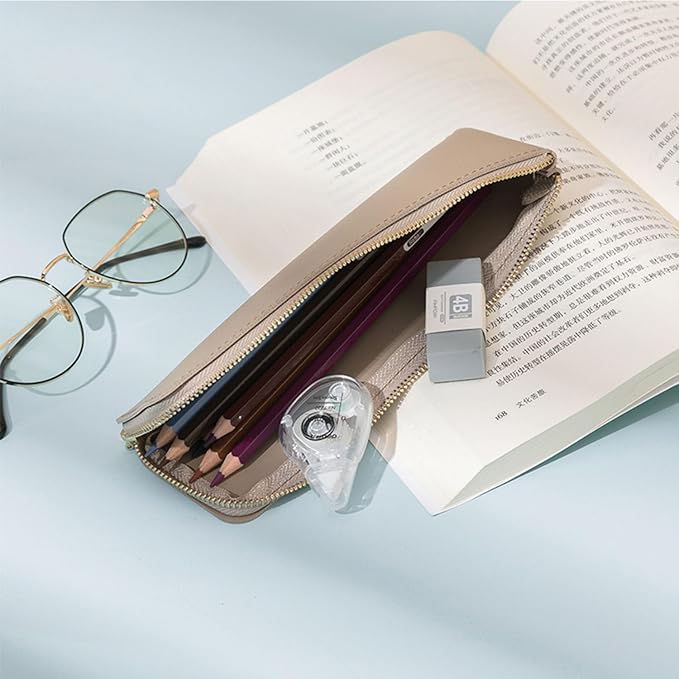Faux Leather Pencil Case Slim Pencil Pouch Durable Zipper Stationery Bag Small Travel Use（Gray/FL）