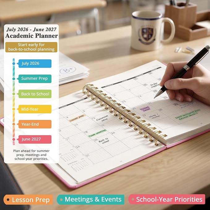 JoyCat Academic Planner 2026-2027, A5 Weekly & Monthly, Pink | July 2026-June 2027 A5 planner combines weekly and monthly layouts, tabs, grid notes and sticker sheets.