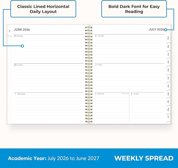 Blue Sky 2026-2027 Weekly & Monthly Academic Planner, 8.5"x11", Gemma | July 2026 - June 2027, Flexible Cover, Wirebound, Laminated Tabs, Storage Pocket, Academic Year