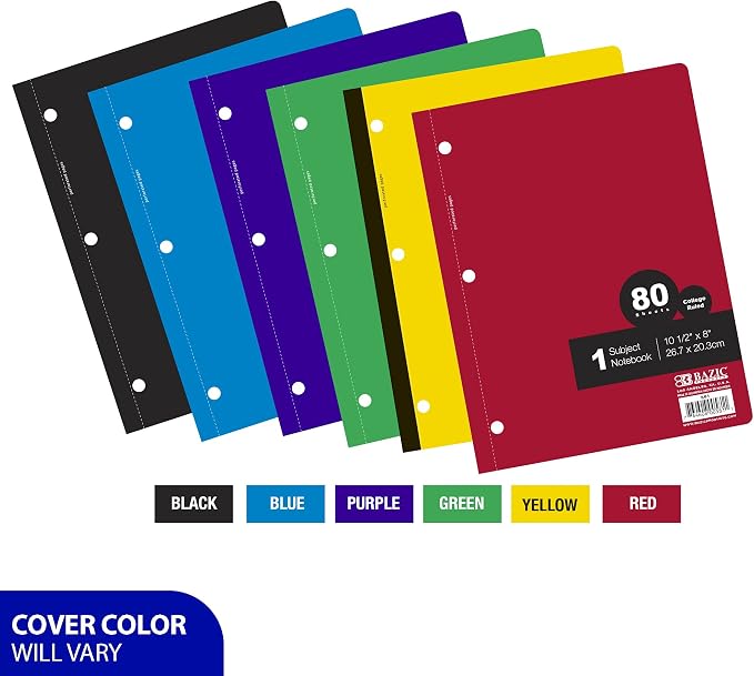 BAZIC PRODUCTS 1-Subject Wireless Notebook, College-Ruled, 80 Ct, 6 Titles | 80 college-ruled sheets, flat glue-bound spine, 10.5 x 8 in, No wire to snag
