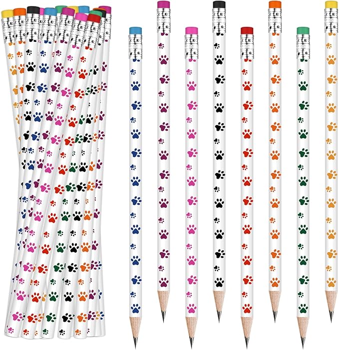 Weecent 48 Pcs Paw Print Pencil 8 Color Pencils Party Favors for Kids Wooden Writing Novelty with Erasers Dog Party Favors Fun School Supplies and Reward Prizes