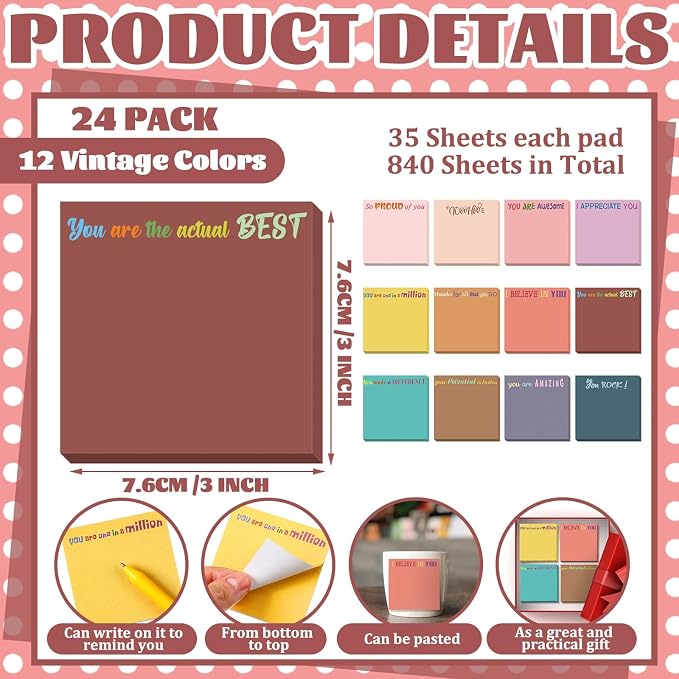Yinder 24 Pcs Inspirational Sticky Notes, Back to School Supplies, Cute Motivational Sticky Notes Pad Employee Appreciation Gifts Bulk for Teacher Coworker Office 3 x 3'' (Thank You,Vintage Style)