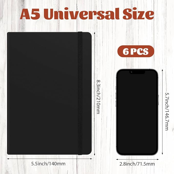 Honoson 6 Pack A5 Lined Journal Notebooks Hardcover Executive Notebook 5.5" x 8.3" PU Leather Wide Ruled Journals Bulk 160 Pages for Back to School Supplies Office Business Home (Black)