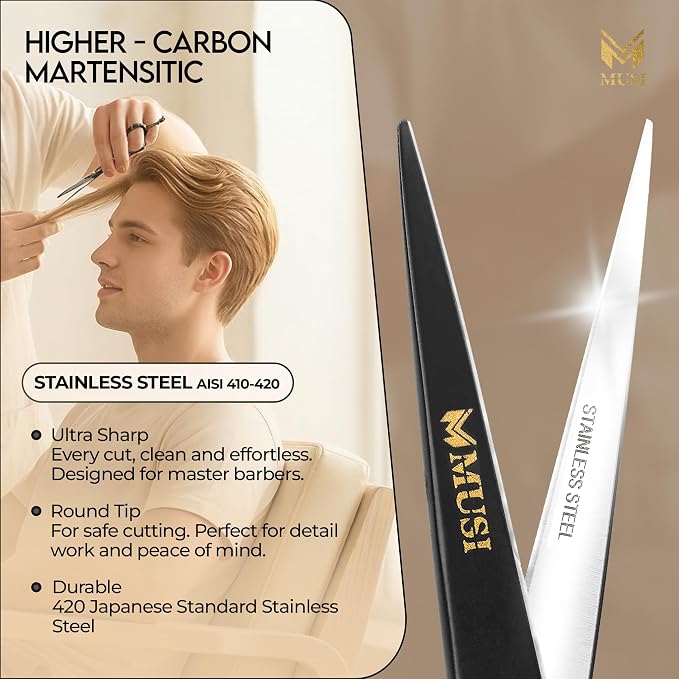 Barber Hair Cutting Scissors 6.5" – 420 Japanese Standard Stainless Steel Hair Scissors – Premium Shears for Professional Haircut – Black Sharp Shears with Hair and Beard Comb