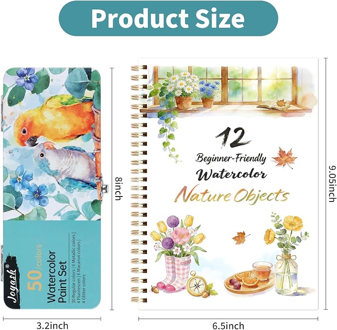 Watercolor Workbook, Water Coloring Book, 12 Different Patterns of Original DIY Designs, 50 Colors Watercolor Paint Set with Palette and Brush, Beginner-Friendly Watercolor Workbooks (Nature Objects)