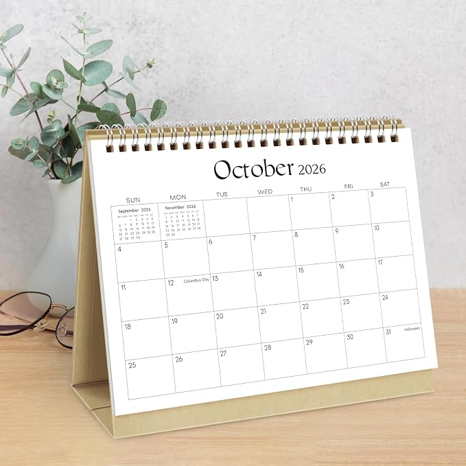 SKYDUE Small Desk Calendar 2026-2027, Jul. 2026 – Dec. 2027, 8.3" x 6.3", Black Minimalist Style, Double-Wire Binding, To-Do & Notes Sections, with 280 Planner Stickers