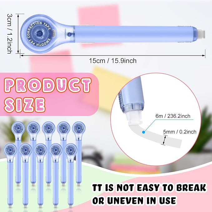 Gersoniel 10 Pack Correction Tape Pen Correctional Ink Tape Push Pull Protective, Easy to Use Applicator for School Office Supplies, 0.2 x 236 Inch (Blue Color)