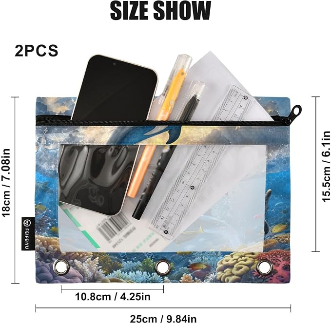 Funny Leaping Dolphins Nautical Ocean Coastal Pencil Pouch for 3 Ring Binder 2 Pack Zipper Binder Pencil Bag with Clear Window Pencil Case for Office Supplies